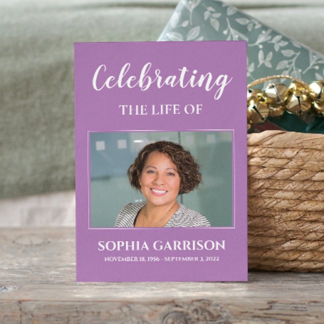 Informações Cartão de Oração de Funeral Branco Roxo com Foto (Criador carregado)