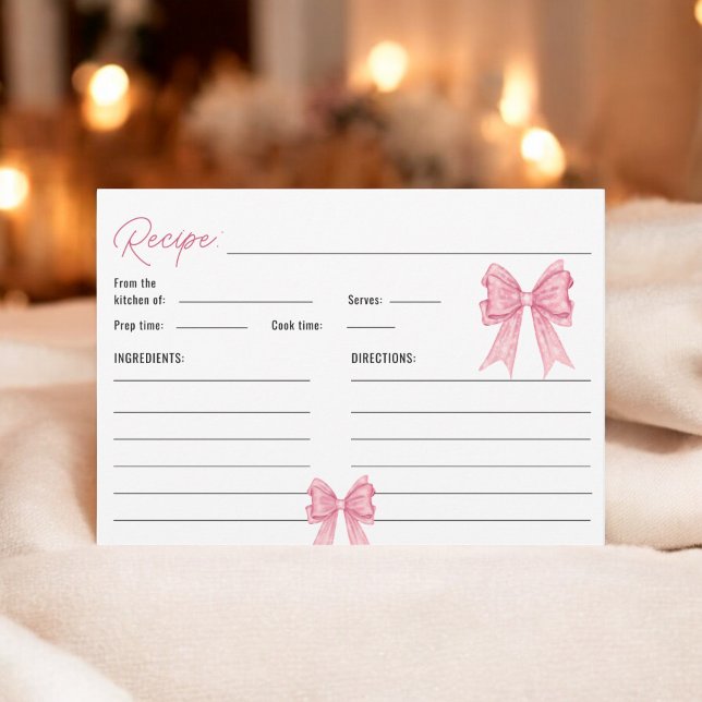 Informações Cartão de Receita de Chá de Noiva com Laço Rosa de (Cute Coquette Pink Bow Bridal Shower Recipe Card)