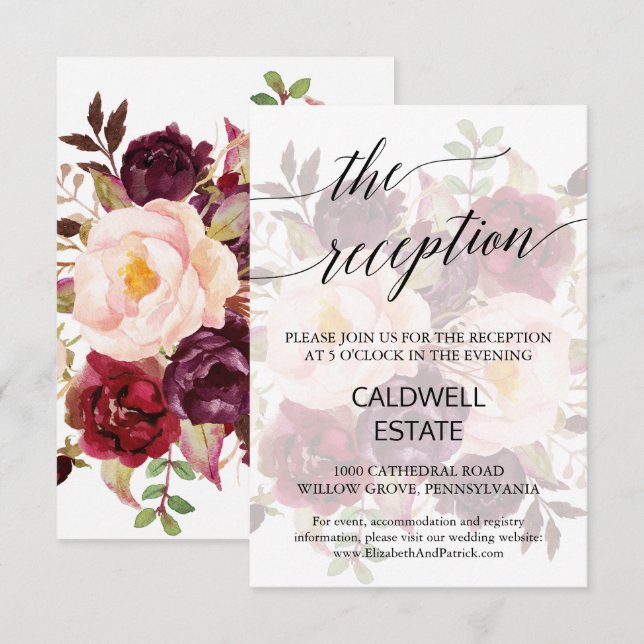 Informações Cartão de Recepção de Caligrafia Floral Desbotada  (Frente/Verso)