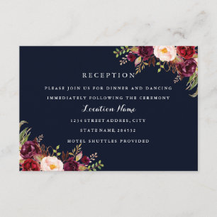 Informações Cartão de Recepção de Casamento Navy Burgundy Flor