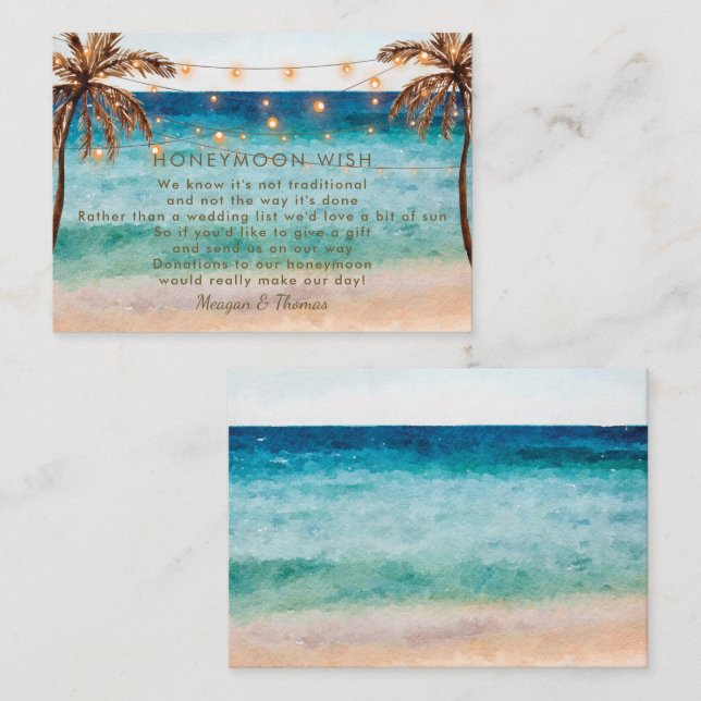 Informações cartão de recinto para lua de mel em praia tropica (Frente/Verso)
