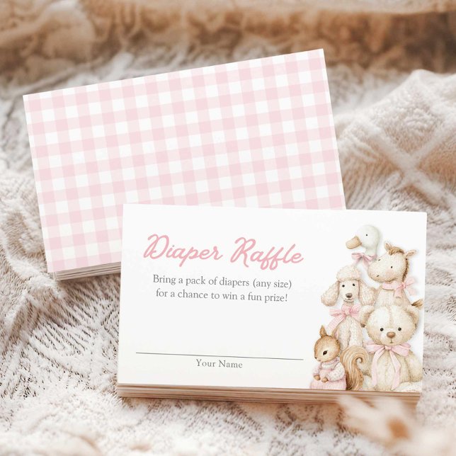 Informações Cartão de Rifa de Fraldas de Bebê com Xadrez Rosa (Pink Gingham Baby Animals Diaper Raffle Ticket Card)