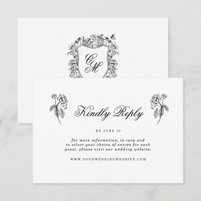 Informações Cartão de RSVP Online de Casamento com Brasão Flor (Frente/Verso)