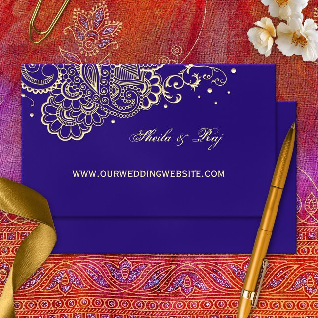Informações Cartão de visita do Site de Casamento Purple Doura (Wedding website card with a gold printed henna or lace design inspired by Moroccan and Indian art)
