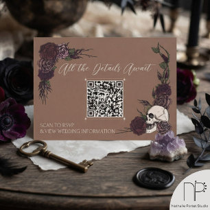 Informações Cartão QR de Casamento Ink Skull & Floral Tan