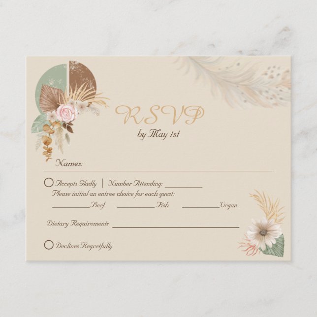 Informações Cartão RSVP de Casamento de Boho Beige Classy Feat (Frente)