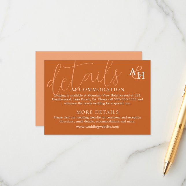 Informações Cartão RSVP de Casamento de Caligrafia Laranja Ele (Frente/Verso In Situ)