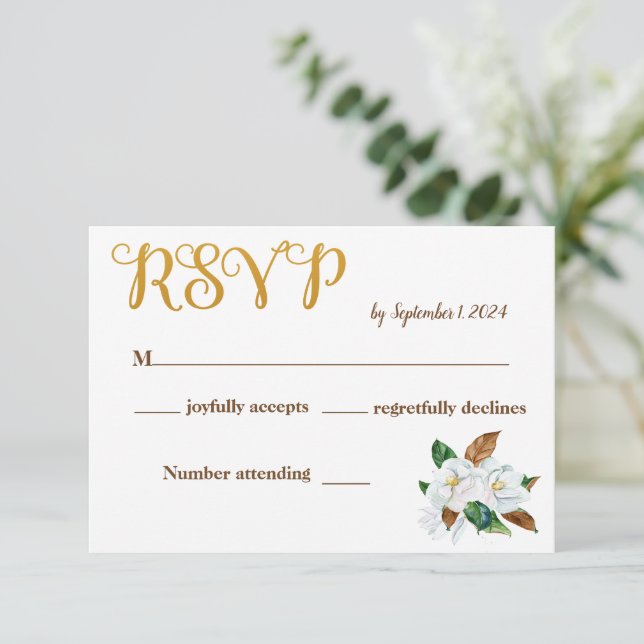 Informações Cartão RSVP de Casamento Magnolia Elegante (Em pé/Frente)