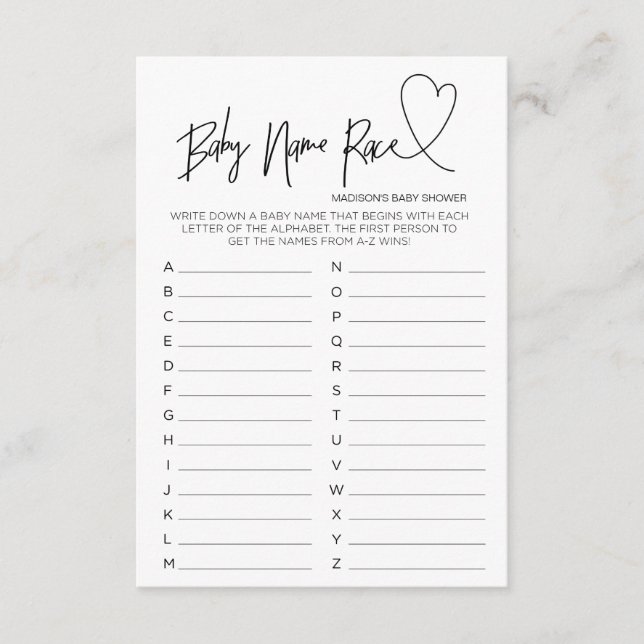 Informações Jogo Race de Nome do Bebê do Cartão Coração do Chá (Frente)