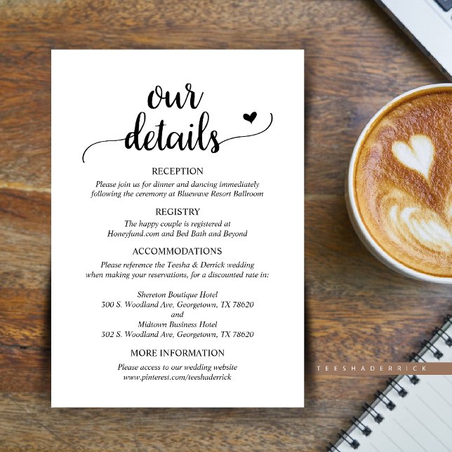 Informações Nossos Detalhes De Casamento, Cartão De Gabinete D (Our Wedding Details Enclosure Card, Reception, Registry, Hotels and website, in Rustic Script design)