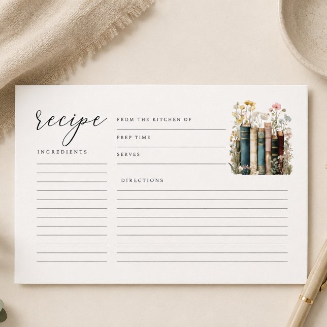 Informações Novo Capítulo Começa Cartão de Receita (books and wildflowers recipe card)