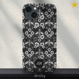 Iniciais De Abelhas De Padrão Floral Preto-Vintage