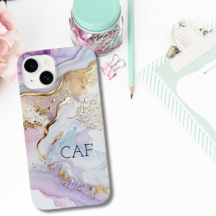 Iniciais de Monograma Roxo Azul Dourado Aguarela