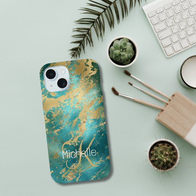 Inicial do Nome Monograma Turquesa Verde Mármore D (Monogrammed Name Initials Green Gold Marble iPhone Case)