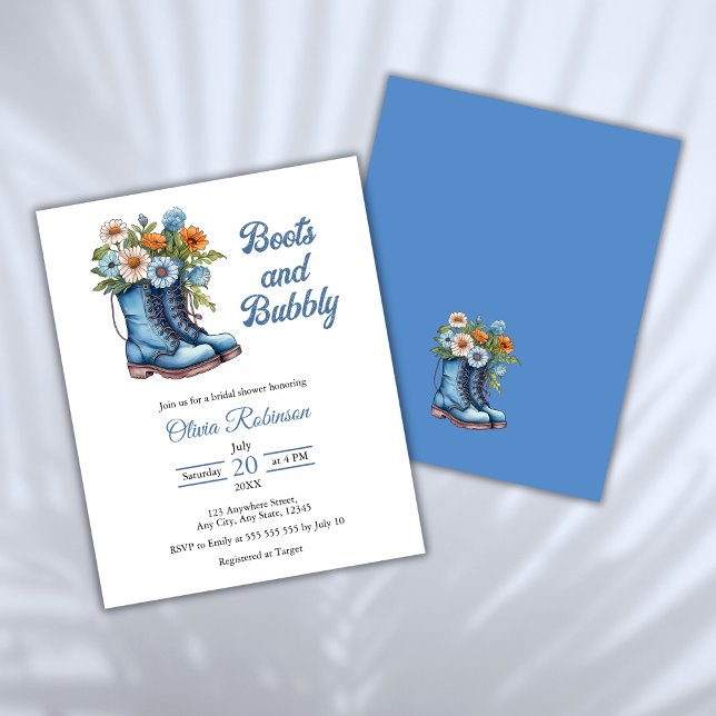 Inicializações de Orçamento e Convite de Chá de pa (Budget Boots & Bubbly Western Cowgirl Blue Bridal Shower Invitation )