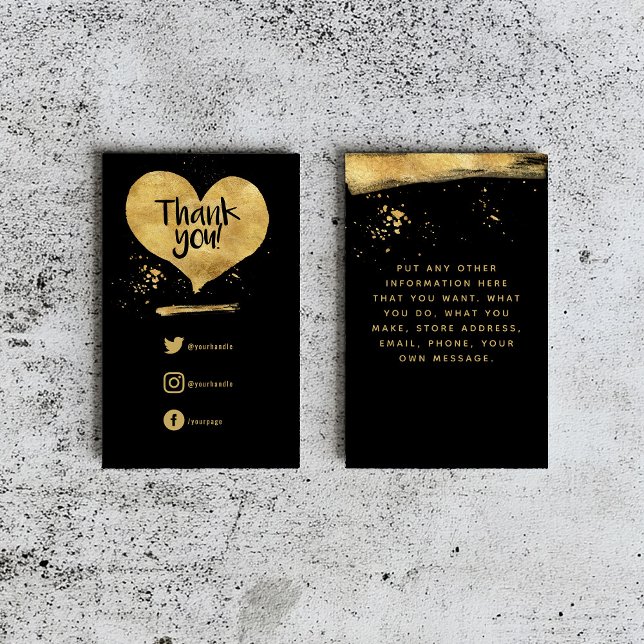 Inserção cardíaca com efeito folha de ouro Cartão  (A black insert card with a gold heart saying "Thank you" and social media details beneath it.)