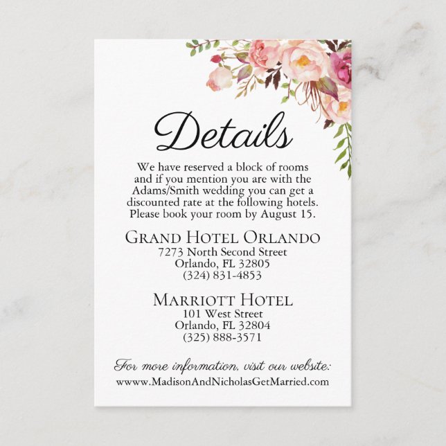 Inserções de Cartão para Casamento Floral Rosa Rus (Frente)