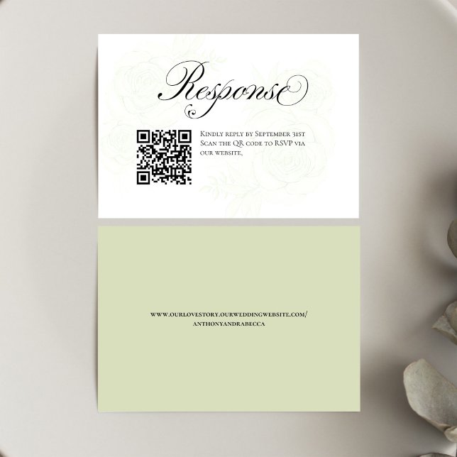 Inserto de RSVP de código QR de casamento floral e (Elegant sage green floral QR code RSVP card with modern script and easy scan response)