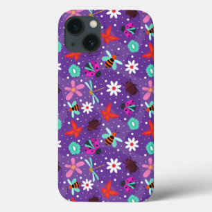 Insetos Coloridos e Flores em um Fundo Roxo