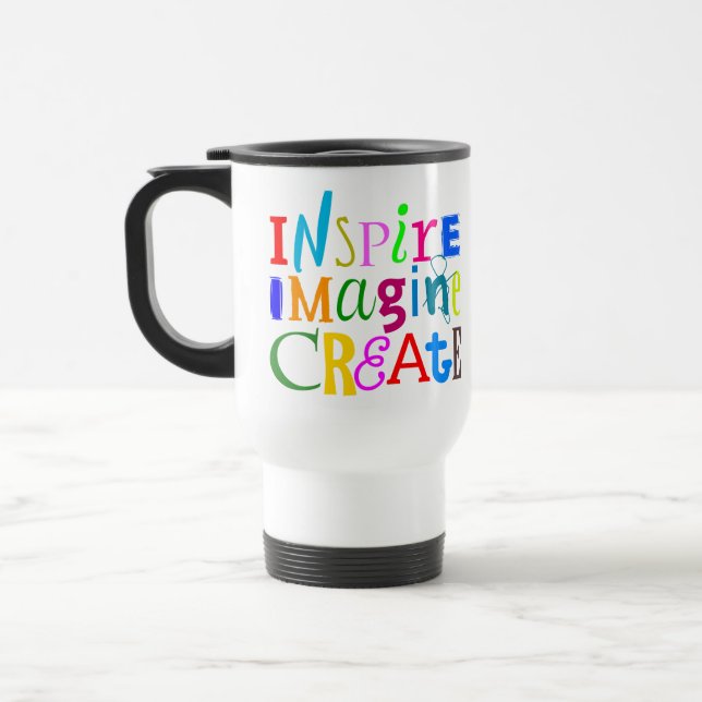 Inspire, Imagine, Crie - Caneca de viagem Motivaci (Esquerda)