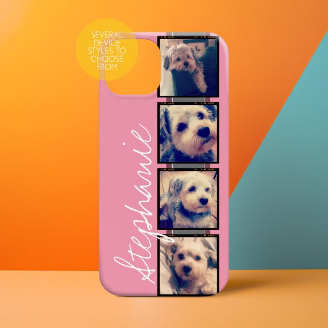 Instagram Photo Film Strip - 4 fotos, cinza rosa (Personalized Phone Case with 4 Photos and Custom Text)
