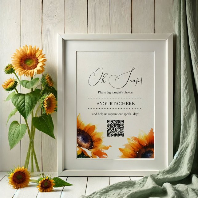 Instagram Poster de Casamento de Girassol (Sunflower wedding decor Oh Snap poster with QR code by VG Invites)