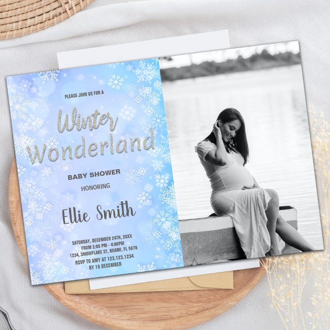 Inverno Bebê Convites Blue Silver w Foto (Winter Baby Shower Invitations Blue Silver w Photo)
