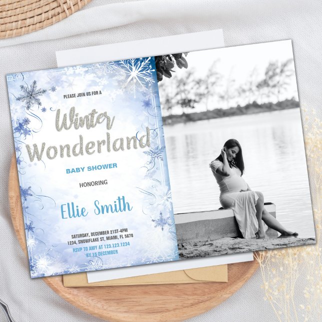 Inverno Bebê Convites Foto Azul (Winter Baby Shower Invitations Blue Photo)