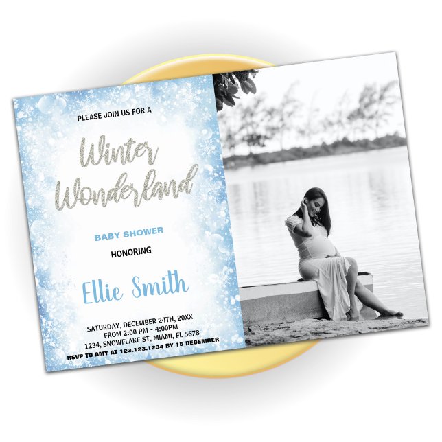 Inverno Bebê Convites Foto Azul (Winter Baby Shower Invitations Blue Photo)