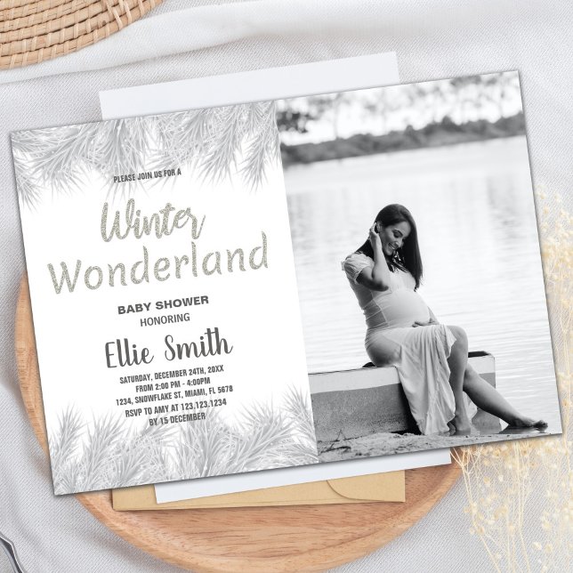 Inverno Bebê Convites Foto do Pinheiro (Winter Baby Shower Invitations Glitter Pine Photo)