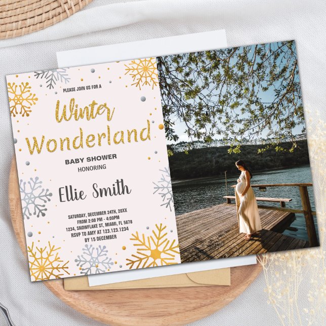 Inverno Bebê Convites Ouro Foto de Neve (Winter Baby Shower Invitations Golden Snow Photo)