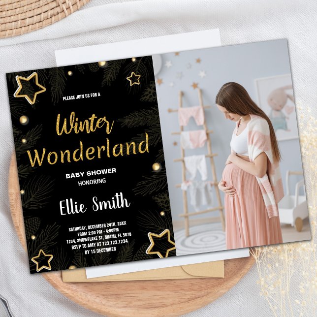 Inverno Bebê Convites Ouro Foto Preta (Winter Baby Shower Invitations Golden Black Photo)
