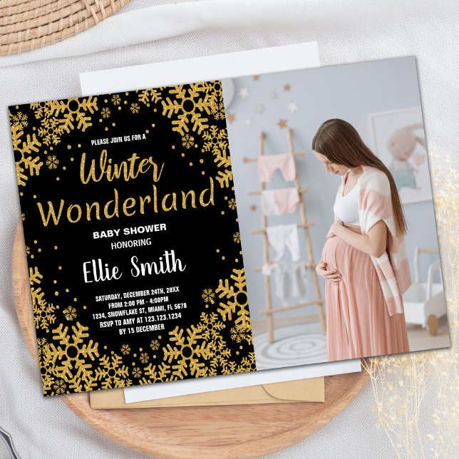 Inverno Bebê Convites Ouro Foto Preta (Winter Baby Shower Invitations Golden Black Photo)