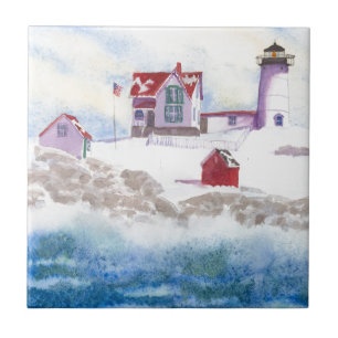 Inverno em Nubble LIghthouse no Azulejo Maine Cerâ