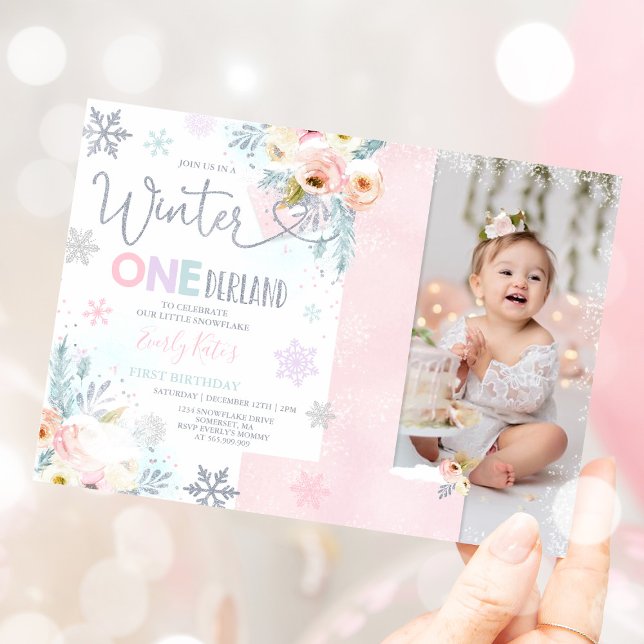 Inverno OneDerland Aniversário Convite Silver Pink (Criador carregado)