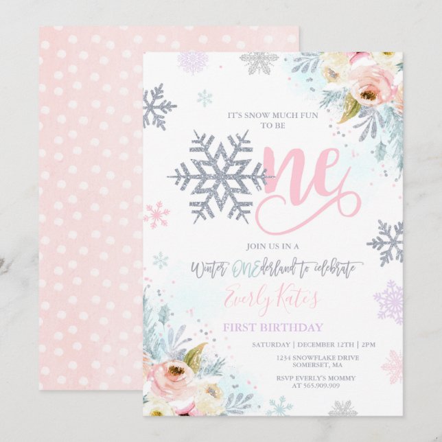 Inverno OneDerland Birthday Convite Silver Pink (Frente/Verso)