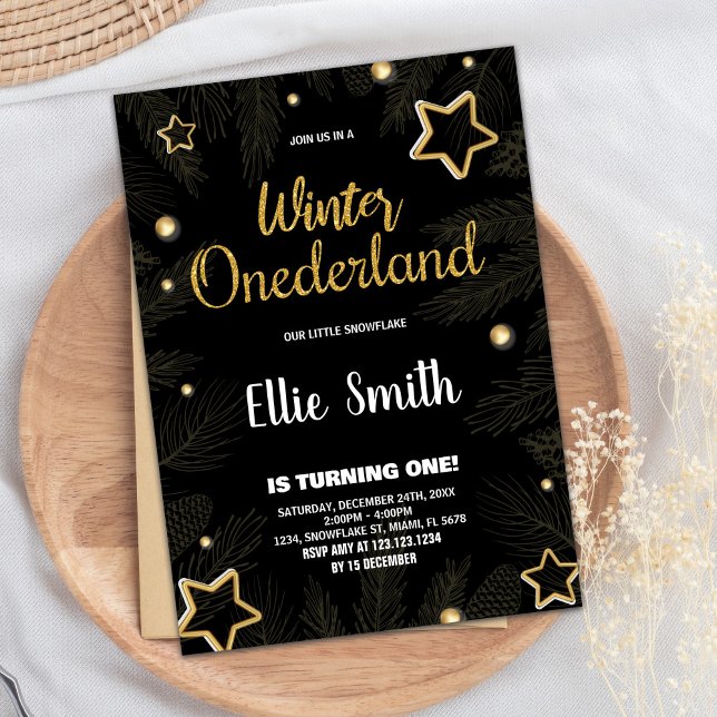 Inverno OneDerland Birthday - Convites Star Black (Winter ONEderland Birthday Invitations Star Black)