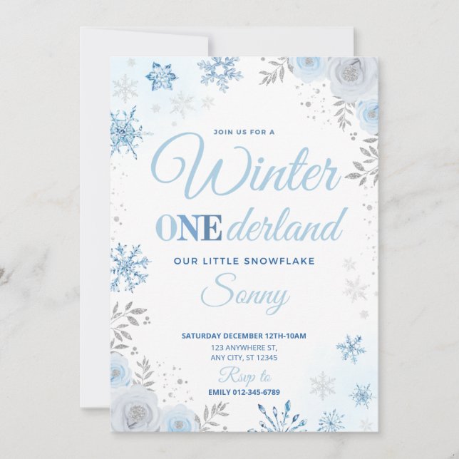 Inverno ONEderland Blue Snowflake 1rua Convite (Frente)