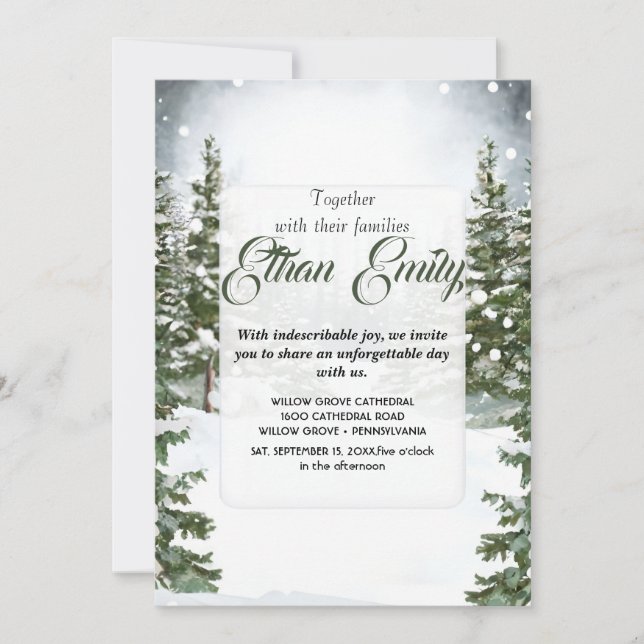 Inverno Rustic Pine Tres Botanical Wedding Convite (Frente)