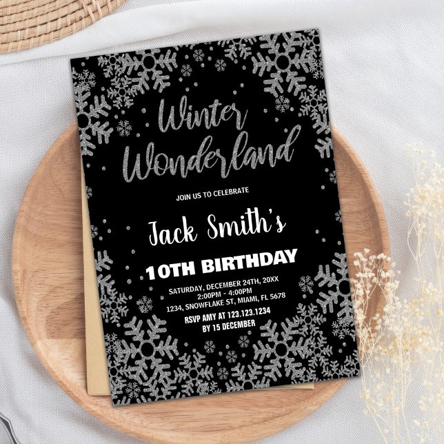 Inverno Wonderland Birthday - Convites de aniversá (Winter Wonderland Birthday Invitations Black)