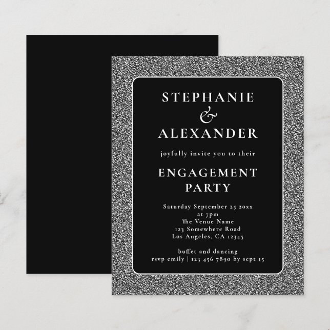 Invit de Festa de noivado Negra de Prata com Brilh (Frente/Verso)