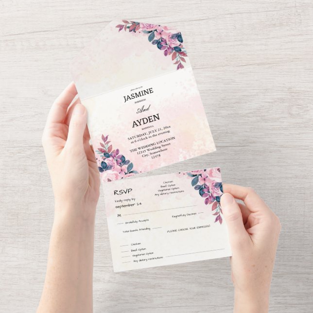 Invit Rustic Country Pinkflower Wedding All-in-One (Tearaway)