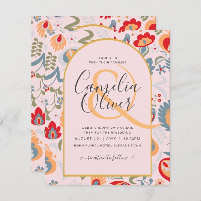 invitación bilingüe de boda de flores, popular, (Frente/Verso)