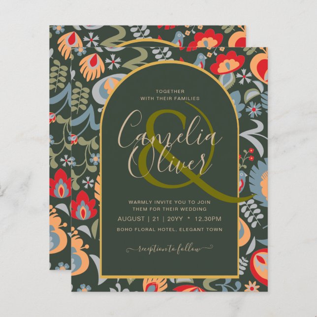 invitación bilingüe de boda de flores, popular, (Frente/Verso)