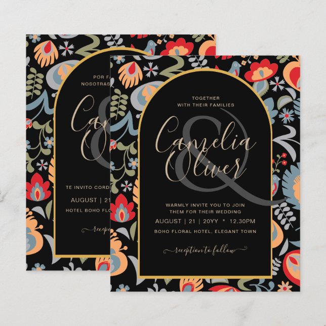 invitación bilingüe de boda de flores, popular, (Frente/Verso)
