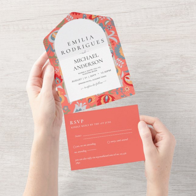 Invitación de Boda Español Inglés Rsvp FOLKART (Aba destacável)