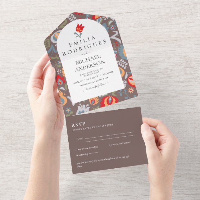 Invitación de Boda Español Inglés Rsvp FOLKART (Aba destacável)