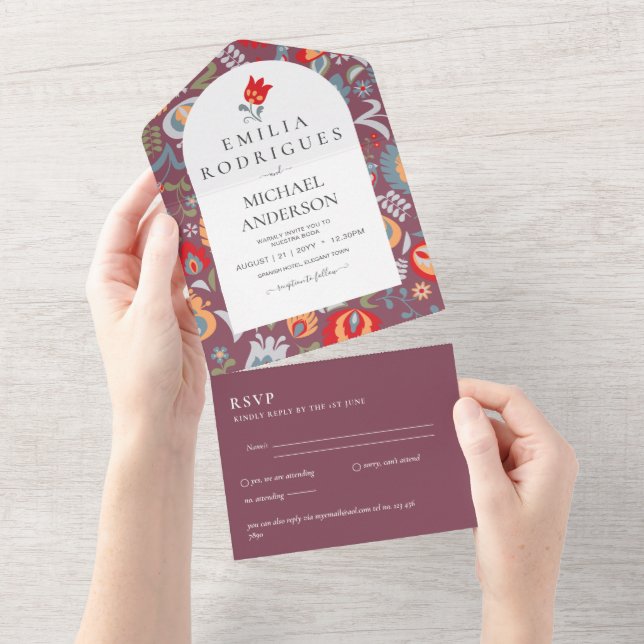 Invitación de Boda Español Inglés Rsvp FOLKART (Aba destacável)