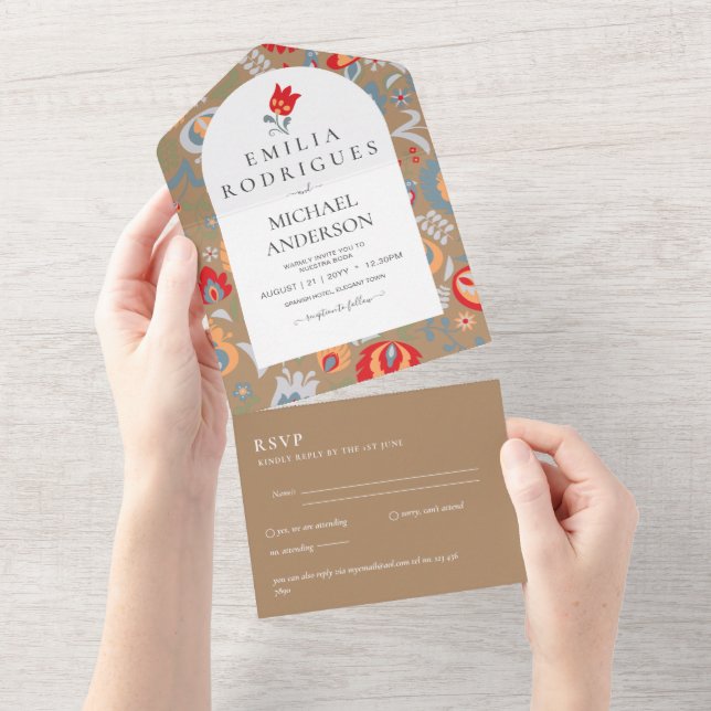 Invitación de Boda Español Inglés Rsvp FOLKART (Aba destacável)