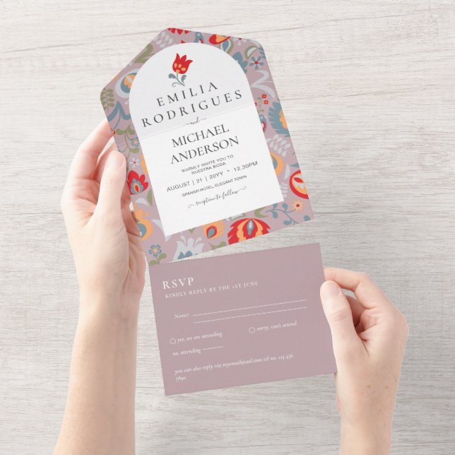 Invitación de Boda Español Inglés Rsvp FOLKART (Aba destacável)